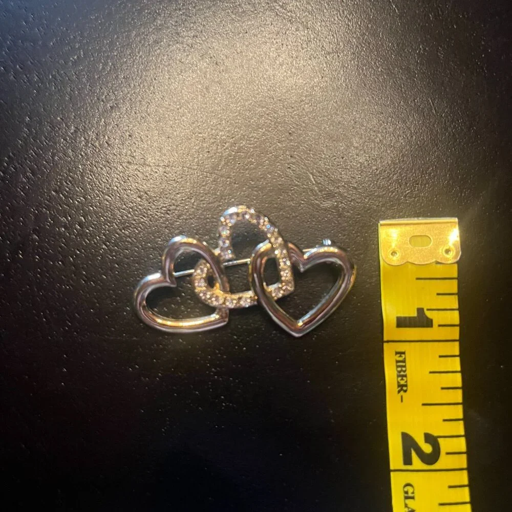 Triple Heart Gold Tone Brooch with Rhinestones